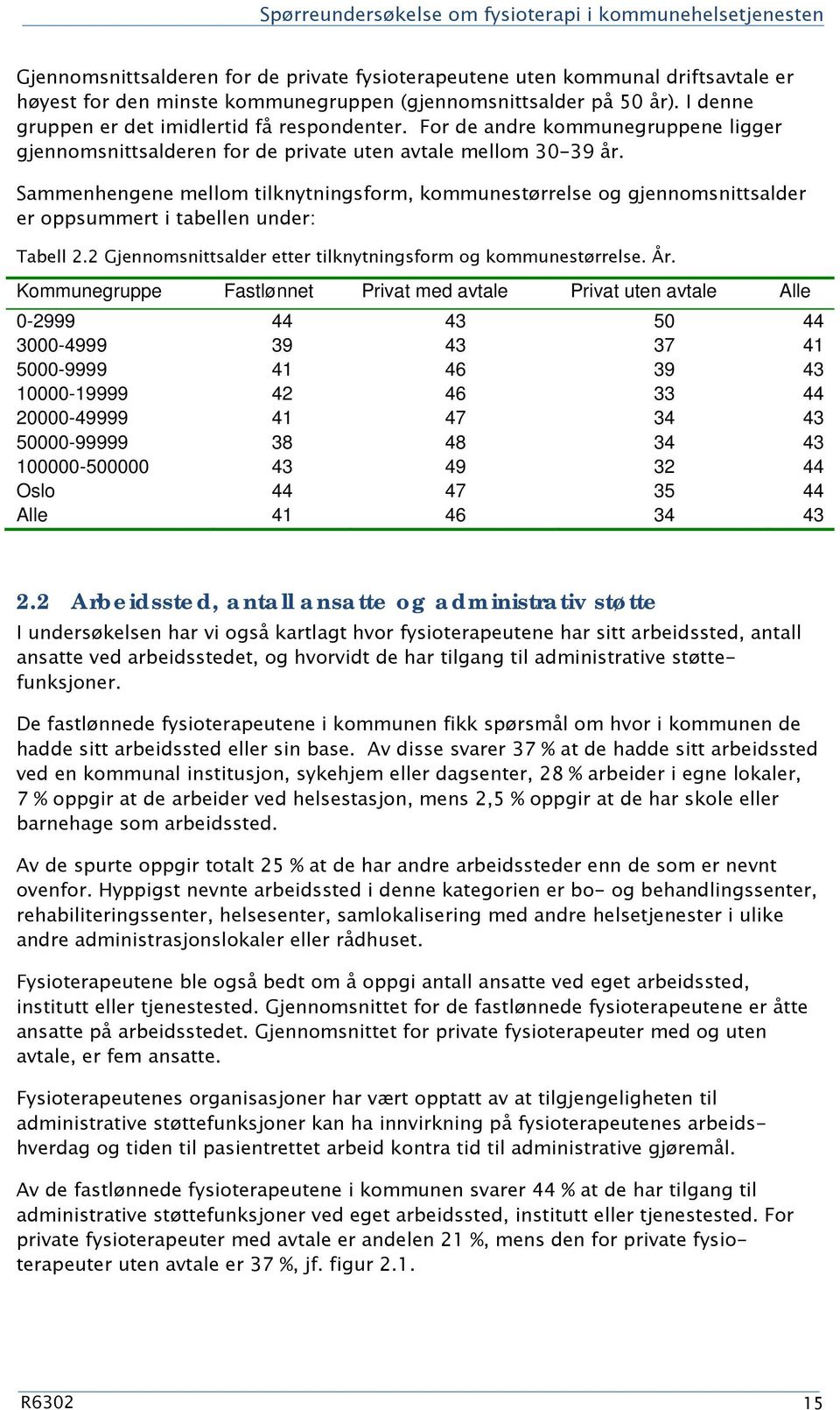 Sammenhengene mellom tilknytningsform, kommunestørrelse og gjennomsnittsalder er oppsummert i tabellen under: Tabell 2.2 Gjennomsnittsalder etter tilknytningsform og kommunestørrelse. År.