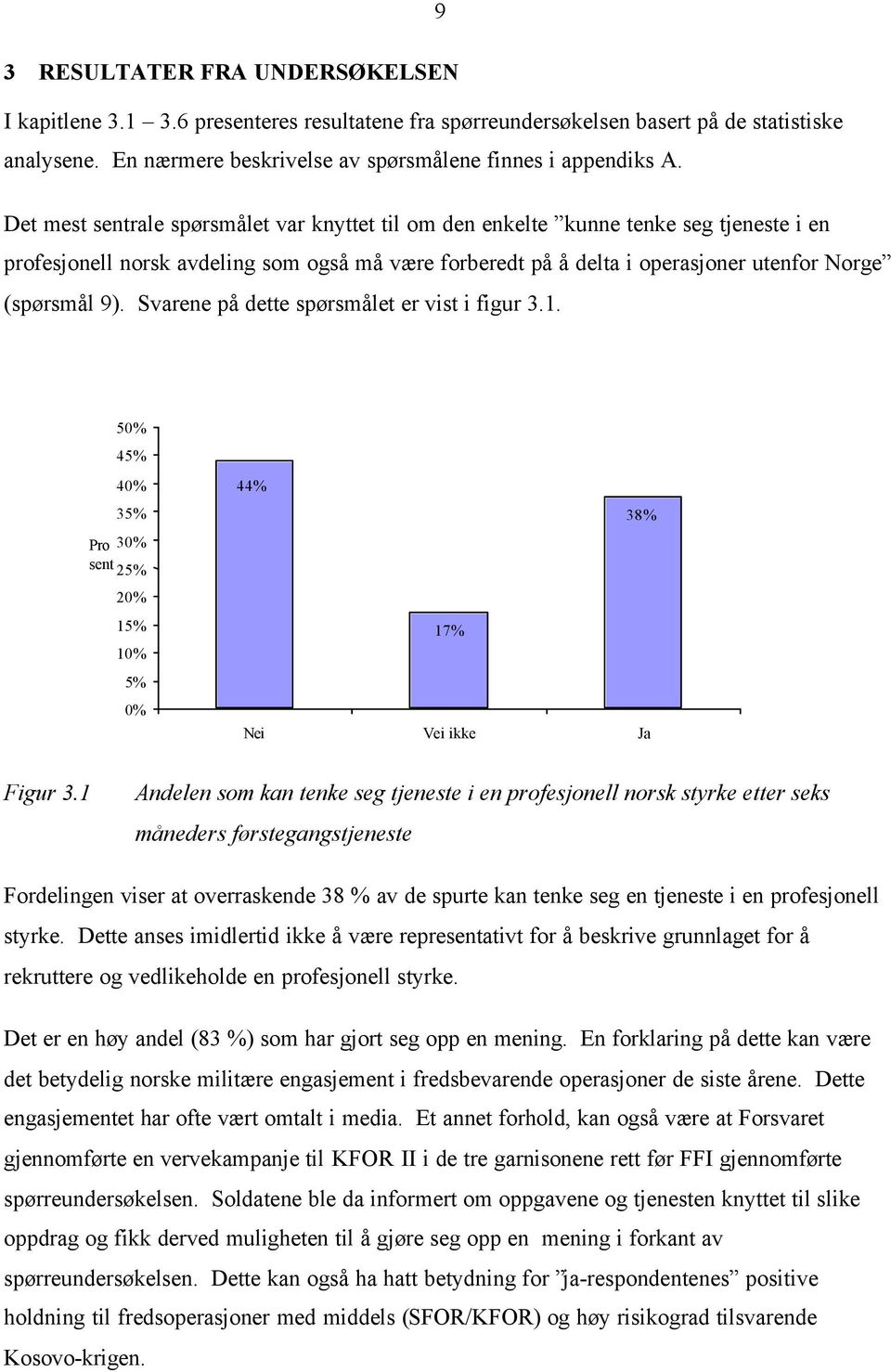 Svarene på dette spørsmålet er vist i figur 3.1. 50% 45% 40% 35% Pro 30% sent 25% 20% 15% 10% 5% 0% 44% 38% 17% Nei Vei ikke Ja Figur 3.