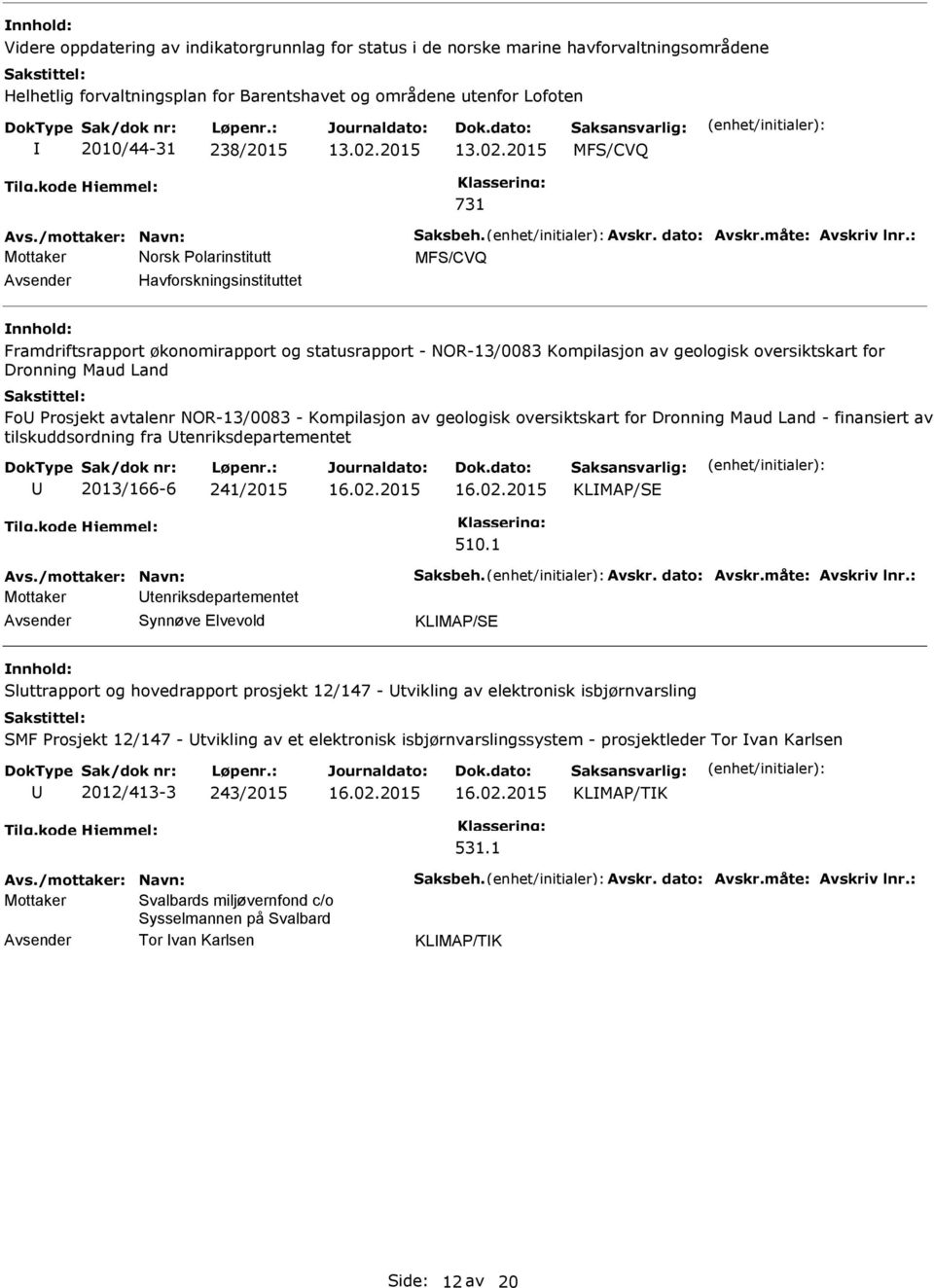 2015 MFS/CVQ 731 MFS/CVQ Havforskningsinstituttet Framdriftsrapport økonomirapport og statusrapport - NOR-13/0083 Kompilasjon av geologisk oversiktskart for Dronning Maud Land Fo rosjekt avtalenr