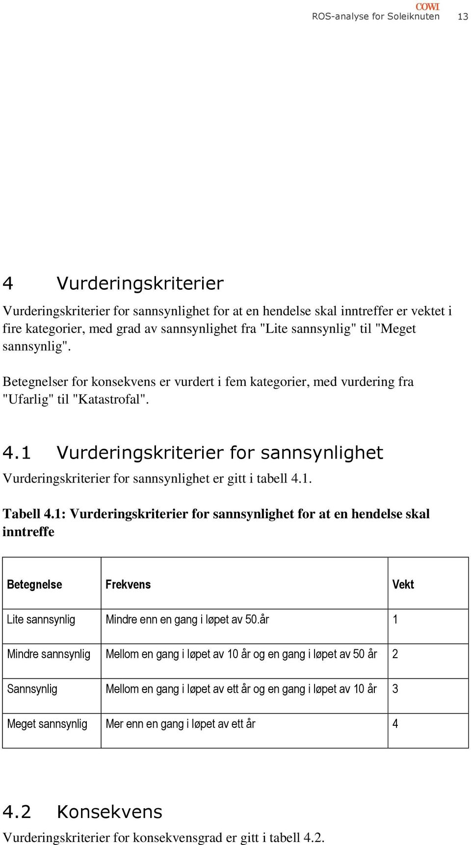 1 Vurderingskriterier for sannsynlighet Vurderingskriterier for sannsynlighet er gitt i tabell 4.1. Tabell 4.