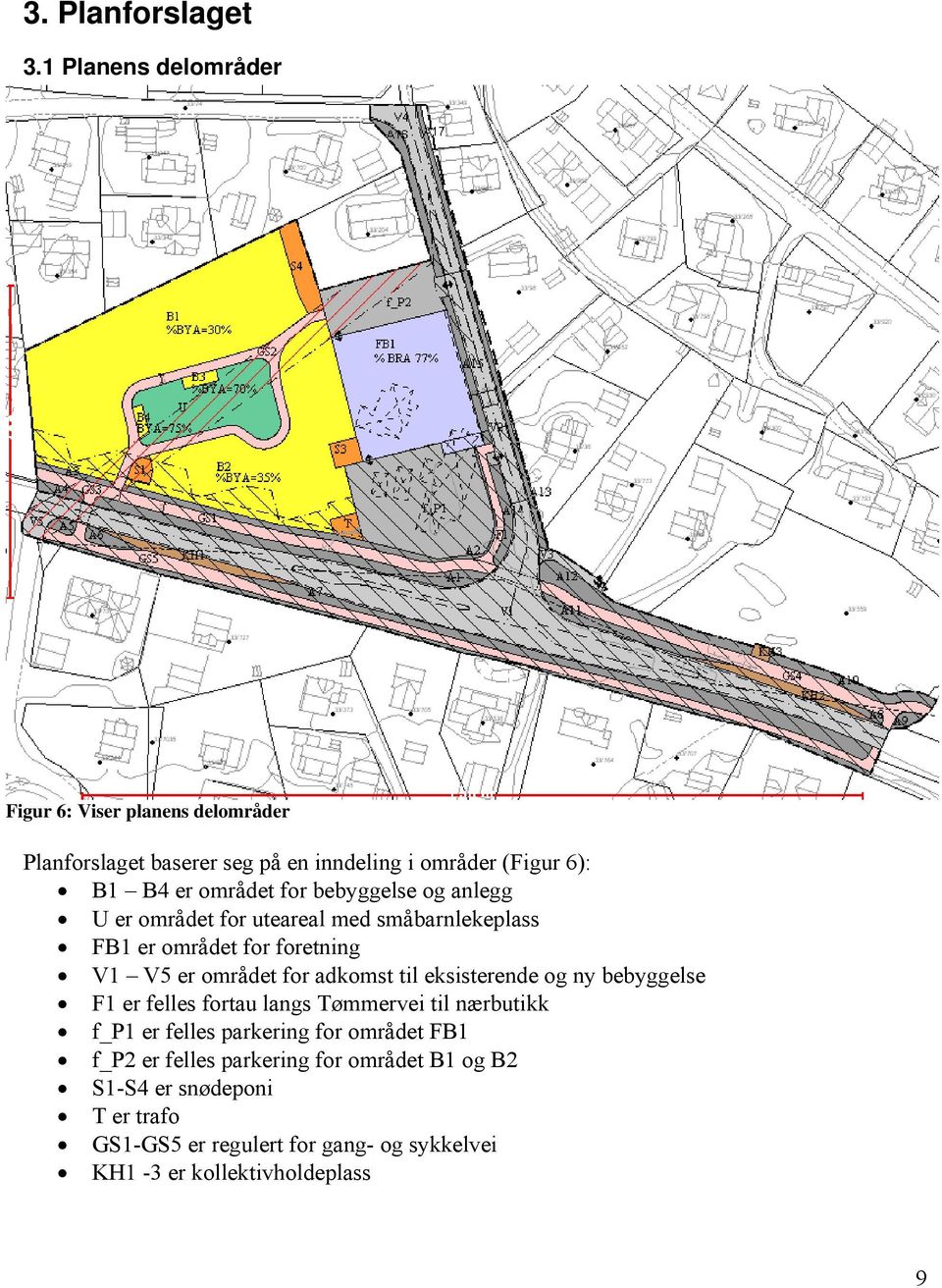 bebyggelse og anlegg U er området for uteareal med småbarnlekeplass FB1 er området for foretning V1 V5 er området for adkomst til