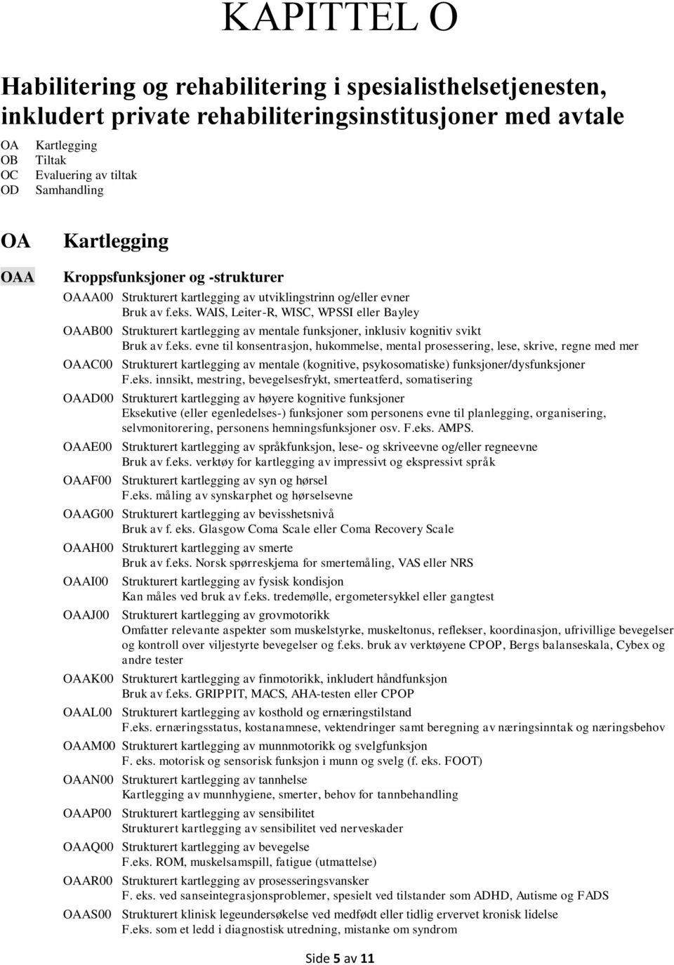 WAIS, Leiter-R, WISC, WPSSI eller Bayley OAAB00 Strukturert kartlegging av mentale funksjoner, inklusiv kognitiv svikt Bruk av f.eks.