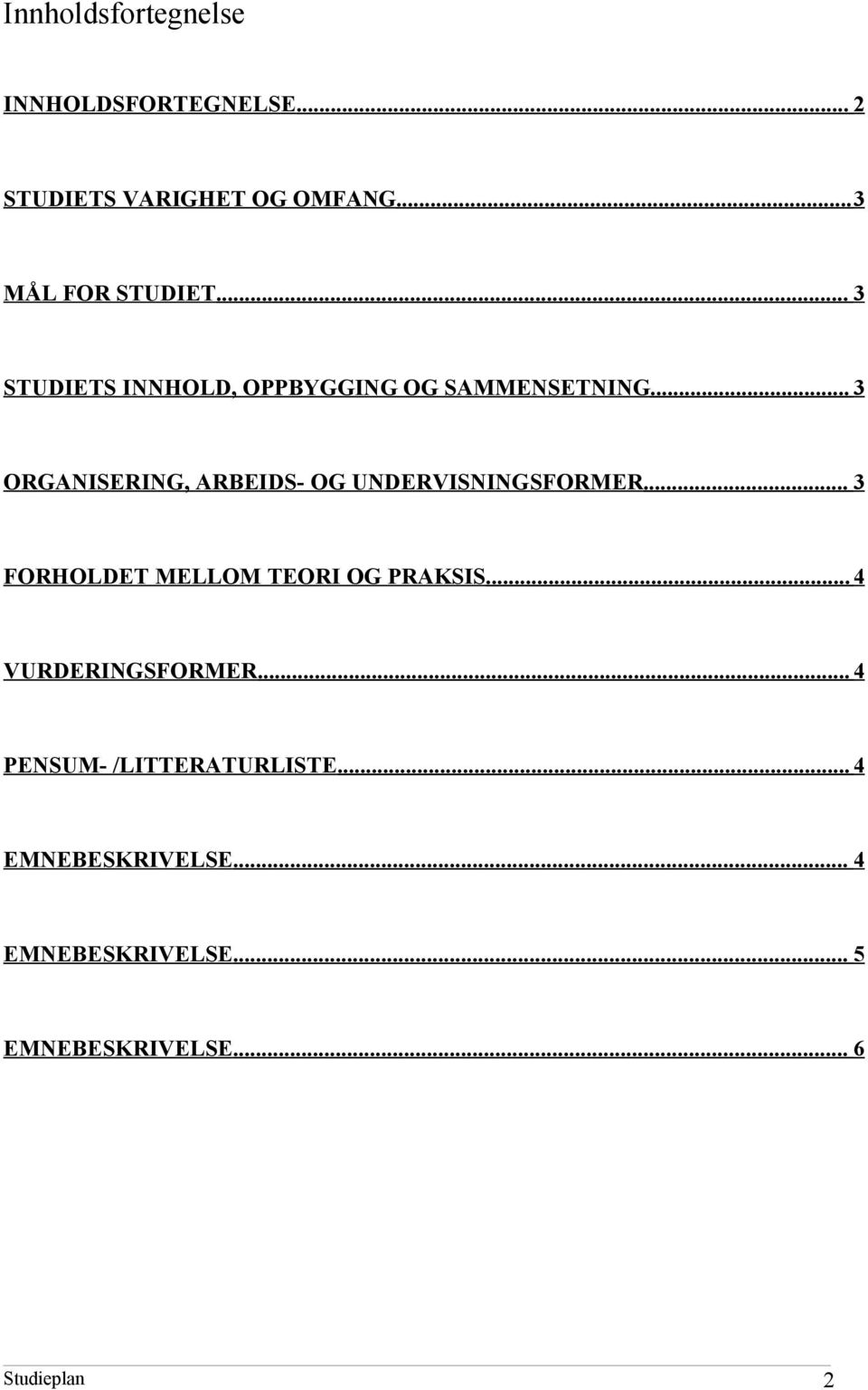 .. 3 ORGANISERING, ARBEIDS- OG UNDERVISNINGSFORMER... 3 FORHOLDET MELLOM TEORI OG PRAKSIS.