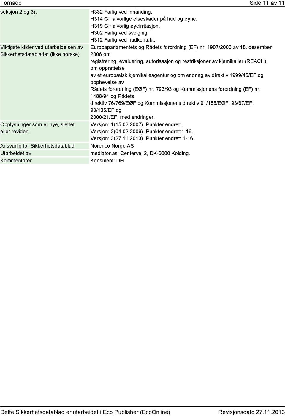 innånding. H314 Gir alvorlige etseskader på hud og øyne. H319 Gir alvorlig øyeirritasjon. H302 Farlig ved svelging. H312 Farlig ved hudkontakt. Europaparlamentets og Rådets forordning (EF) nr.