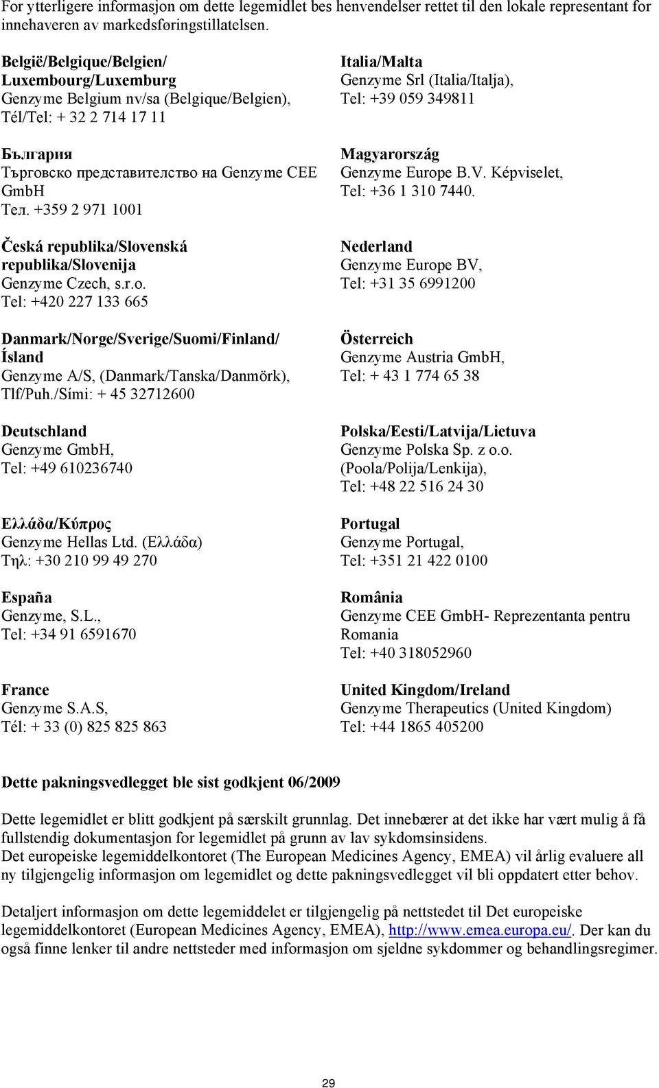 +359 2 971 1001 Česká republika/slovenská republika/slovenija Genzyme Czech, s.r.o. Tel: +420 227 133 665 Danmark/Norge/Sverige/Suomi/Finland/ Ísland Genzyme A/S, (Danmark/Tanska/Danmörk), Tlf/Puh.