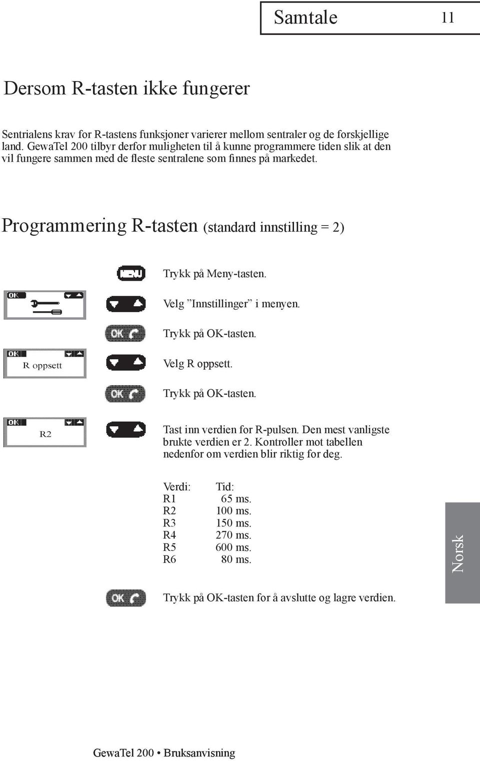 Programmering R-tasten (standard innstilling = 2) Trykk på Meny-tasten. Velg Innstillinger i menyen. R oppsett Velg R oppsett. R2 Tast inn verdien for R-pulsen.