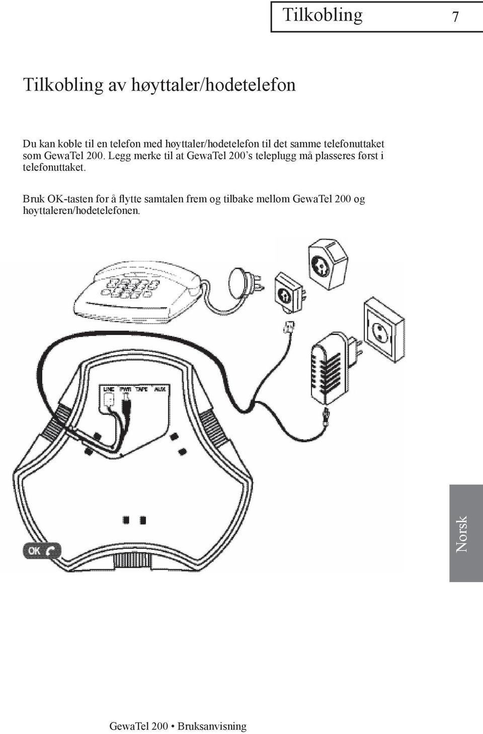 Legg merke til at GewaTel 200 s teleplugg må plasseres først i telefonuttaket.