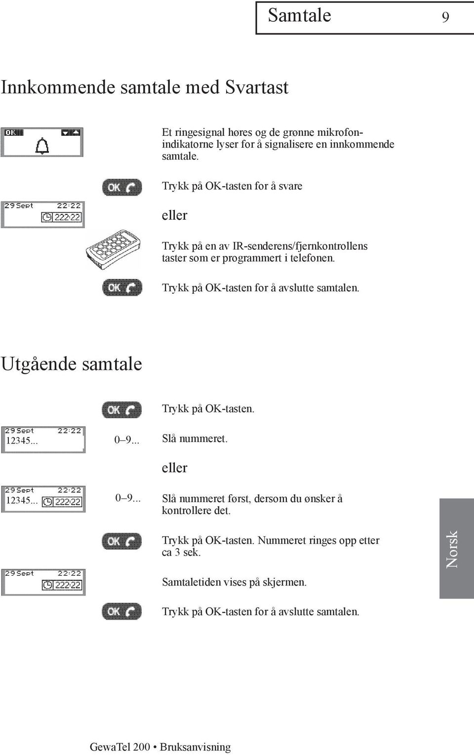 Trykk på OK-tasten for å avslutte samtalen. Utgående samtale 12345... 12345... 0 9... 0 9... Slå nummeret.