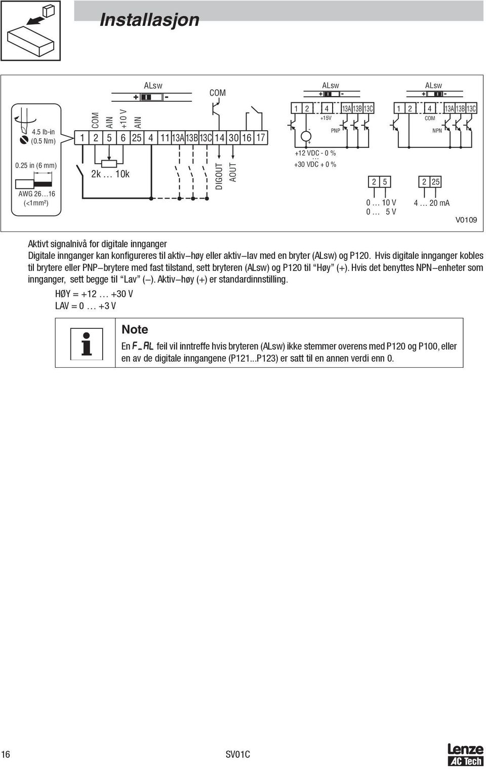 NPN 2 25 4 20 ma V0109 Aktivt signalnivå for digitale innganger Digitale innganger kan konfigureres til aktiv-høy eller aktiv-lav med en bryter (ALsw) og P120.