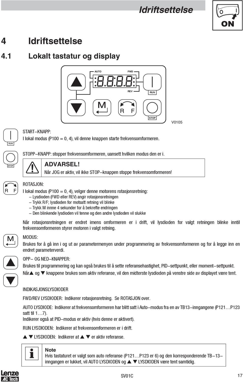 ROTASJON: I lokal modus (P100 = 0, 4), velger denne motorens rotasjonsretning: - Lysdioden (FWD eller REV) angir rotasjonsretningen - Trykk R/F; lysdioden for motsatt retning vil blinke - Trykk M