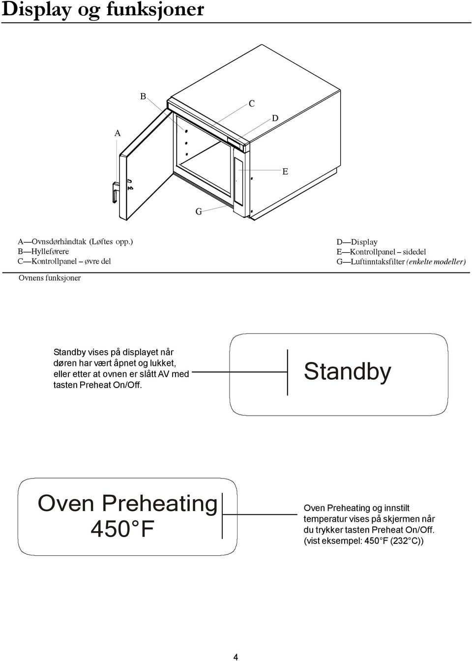 Ovnens funksjoner Standby vises på displayet når døren har vært åpnet og lukket, eller etter at ovnen er slått AV med