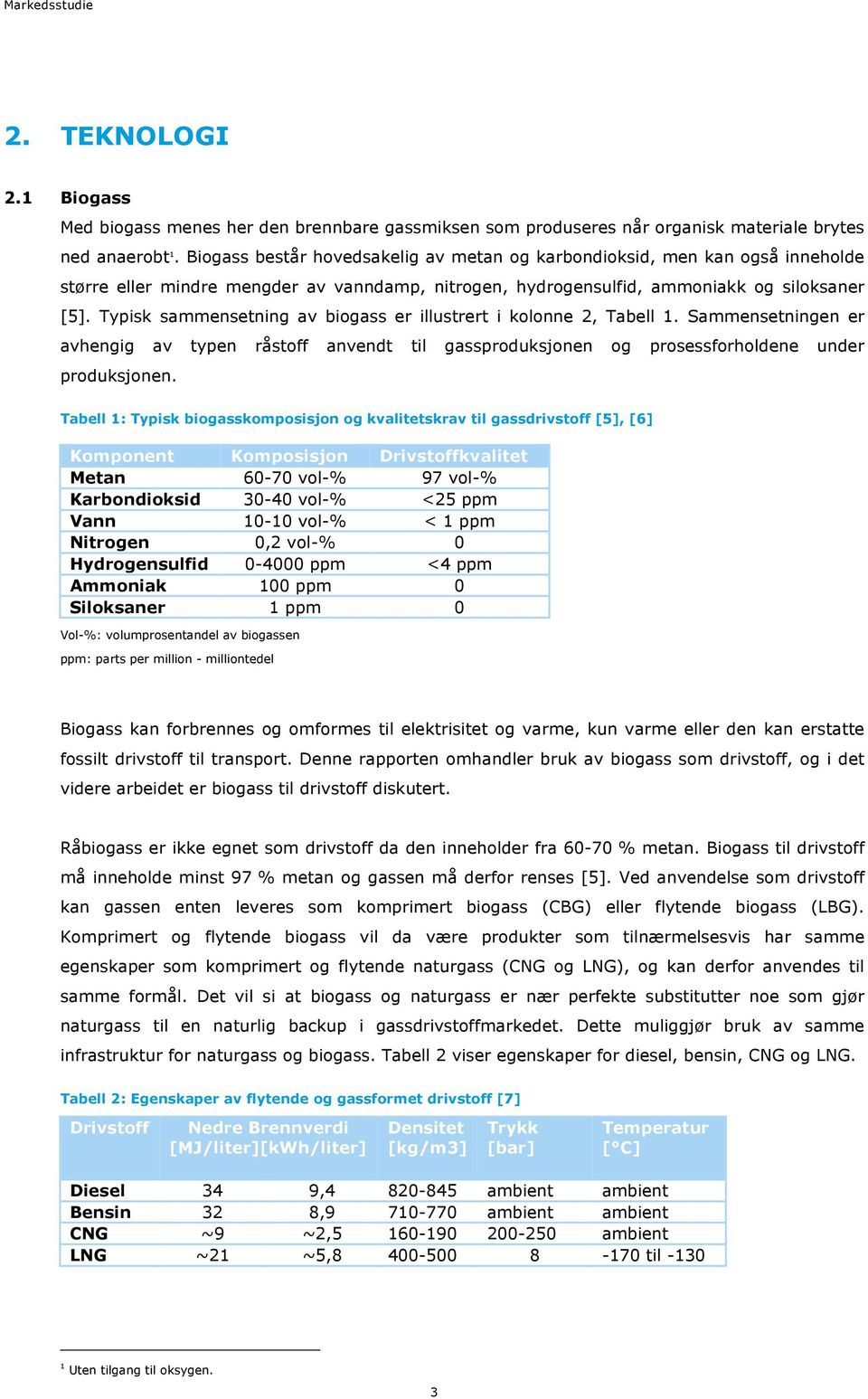 Typisk sammensetning av biogass er illustrert i kolonne 2, Tabell 1. Sammensetningen er avhengig av typen råstoff anvendt til gassproduksjonen og prosessforholdene under produksjonen.