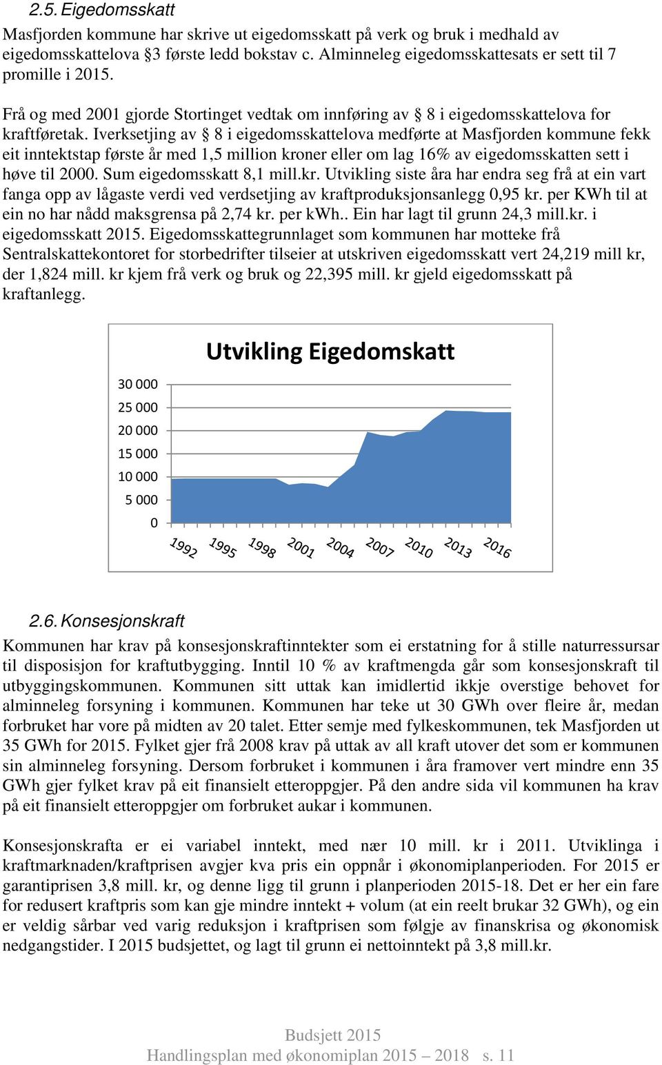 Iverksetjing av 8 i eigedomsskattelova medførte at Masfjorden kommune fekk eit inntektstap første år med 1,5 million kroner eller om lag 16% av eigedomsskatten sett i høve til 2000.