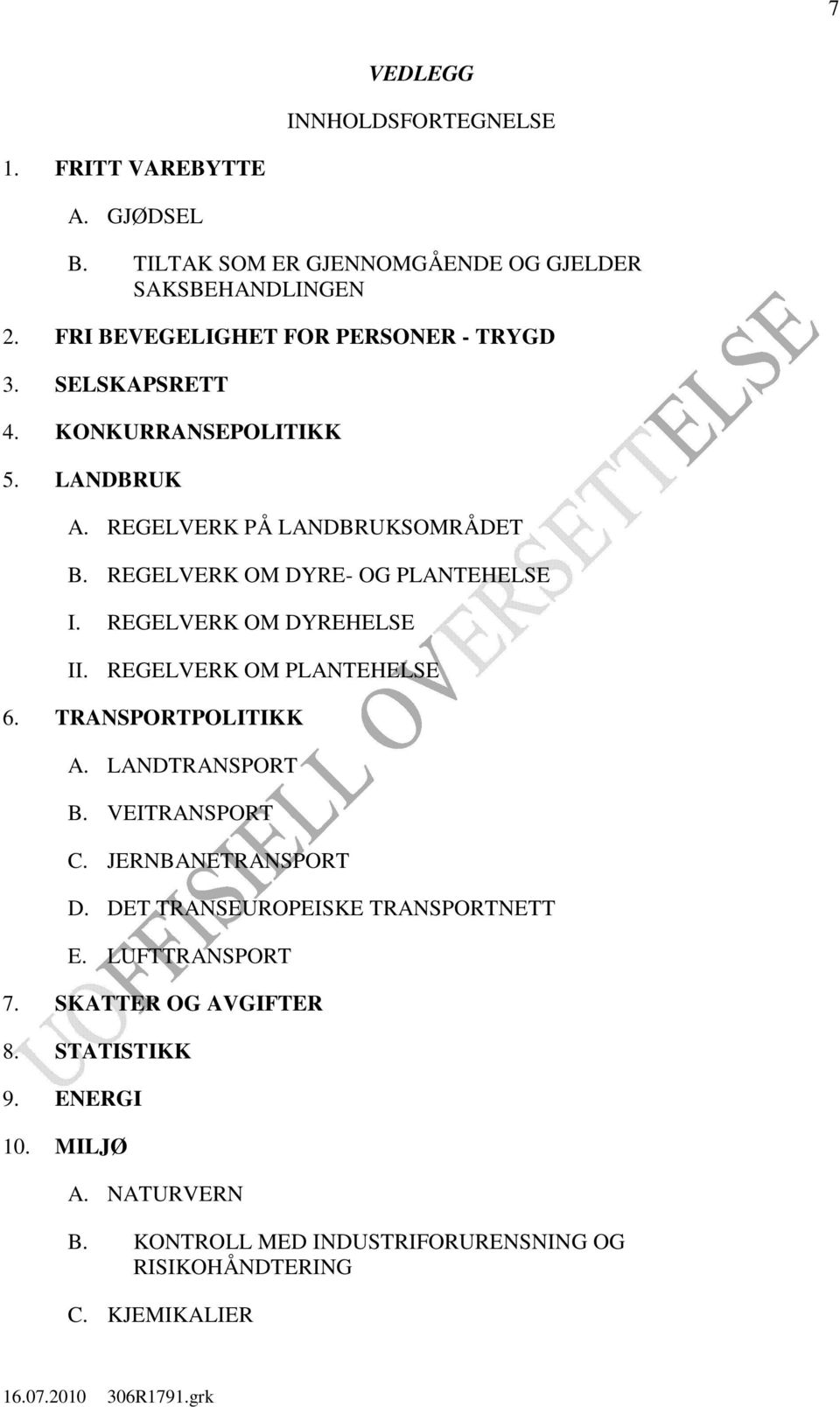 REGELVERK OM DYRE- OG PLANTEHELSE I. REGELVERK OM DYREHELSE II. REGELVERK OM PLANTEHELSE 6. TRANSPORTPOLITIKK A. LANDTRANSPORT B. VEITRANSPORT C.