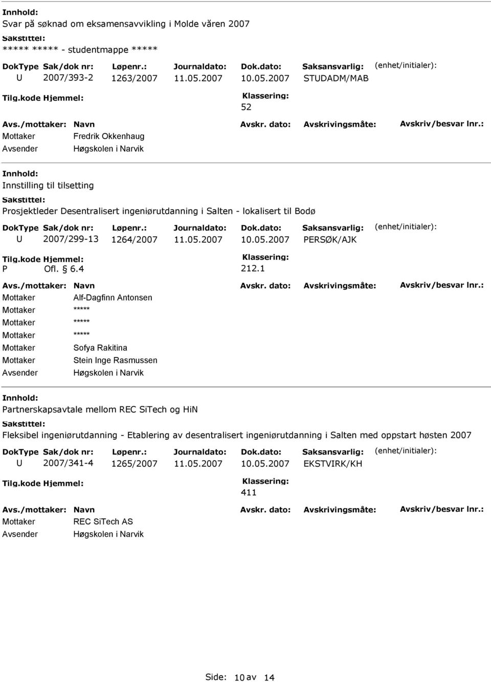 1 Mottaker Alf-Dagfinn Antonsen Mottaker ***** Mottaker ***** Mottaker ***** Mottaker ofya Rakitina Mottaker tein nge Rasmussen artnerskapsavtale mellom REC