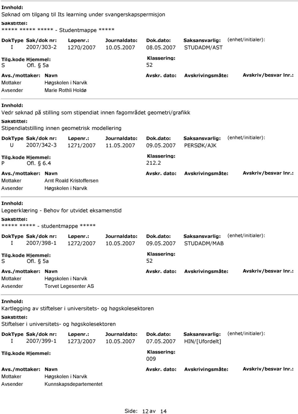 2 Mottaker Arnt Roald Kristoffersen Legeerklæring - Behov for utvidet eksamenstid ***** ***** - studentmappe ***** 2007/398-1 1272/2007 TDADM/MAB Torvet