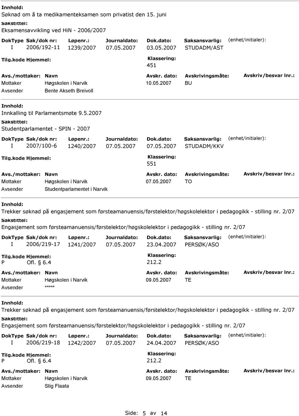 2007 TDADM/AT B Bente Akseth Breivoll nnkalling til arlamentsmøte 9.5.