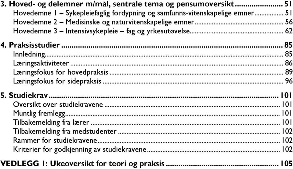 .. 85 Læringsaktiviteter... 86 Læringsfokus for hovedpraksis... 89 Læringsfokus for sidepraksis... 96 5. Studiekrav... 101 Oversikt over studiekravene.