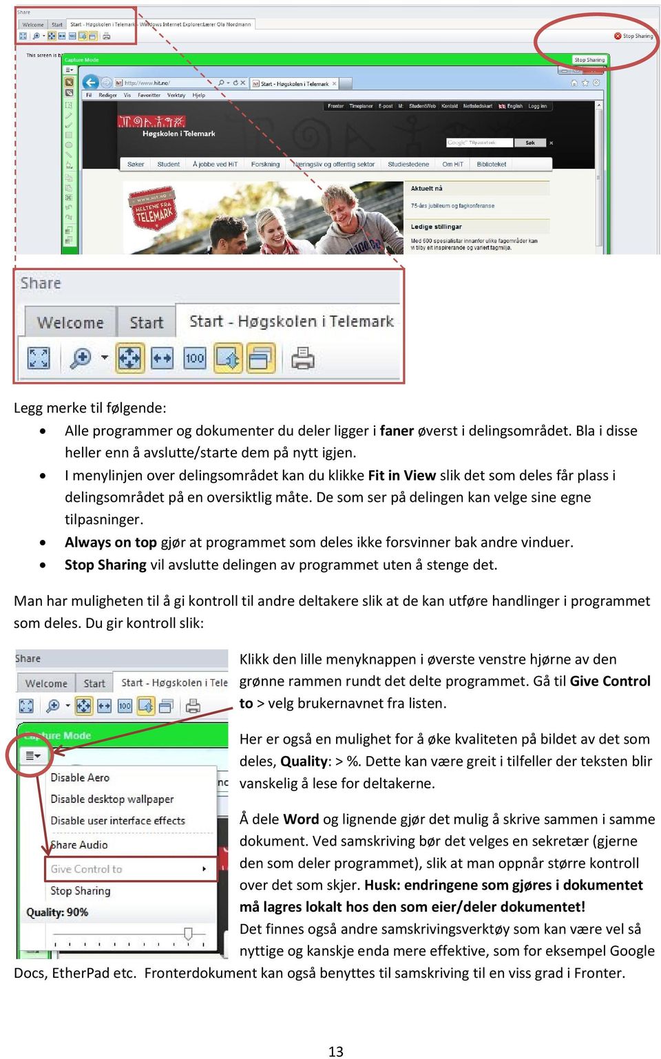 Always on top gjør at programmet som deles ikke forsvinner bak andre vinduer. Stop Sharing vil avslutte delingen av programmet uten å stenge det.