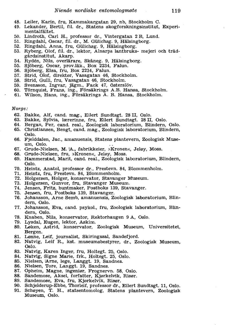 54. Rydbn, Nils, overlarare, Skhneg. 9, Halsingborg. 55. Sjoberg, Oscar, prov.lak., Box 2234, Falun. 56. Sjoberg, Elsa, fru, Box 2234, Falun. 57. Strid, Olof, direktar, Yasagatan 46, Stockholm. 58.