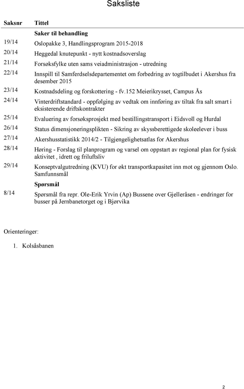 152 Meierikrysset, Campus Ås 24/14 Vinterdriftstandard - oppfølging av vedtak om innføring av tiltak fra salt smart i eksisterende driftskontrakter 25/14 Evaluering av forsøksprosjekt med