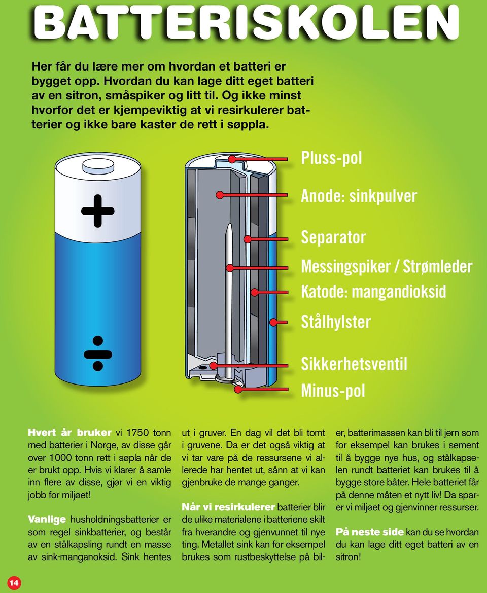 Pluss-pol + Anode: sinkpulver Separator Messingspiker / Strømleder Katode: mangandioksid Hvert år bruker vi 1750 tonn med batterier i Norge, av disse går over 1000 tonn rett i søpla når de er brukt