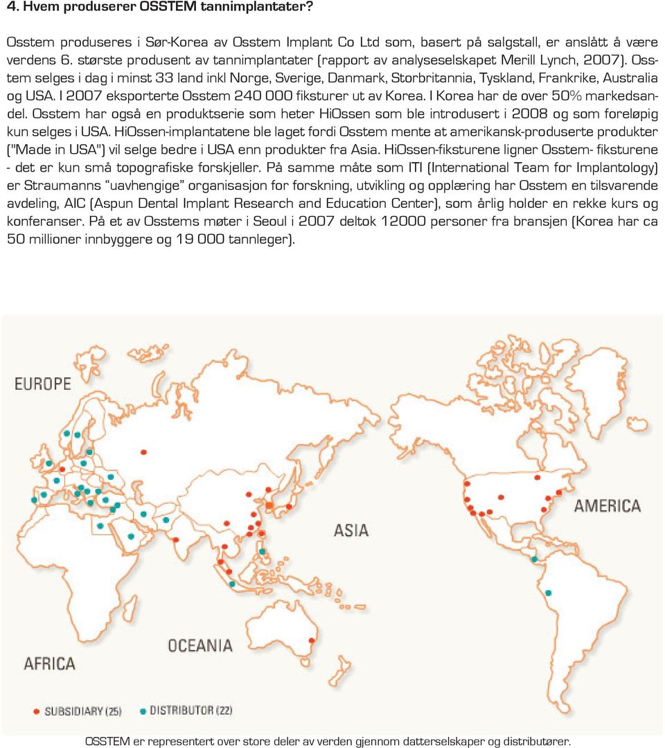 Osstem selges i dag i minst 33 land inkl Norge, Sverige, Danmark, Storbritannia, Tyskland, Frankrike, Australia og USA. I 2007 eksporterte Osstem 240 000 fiksturer ut av Korea.