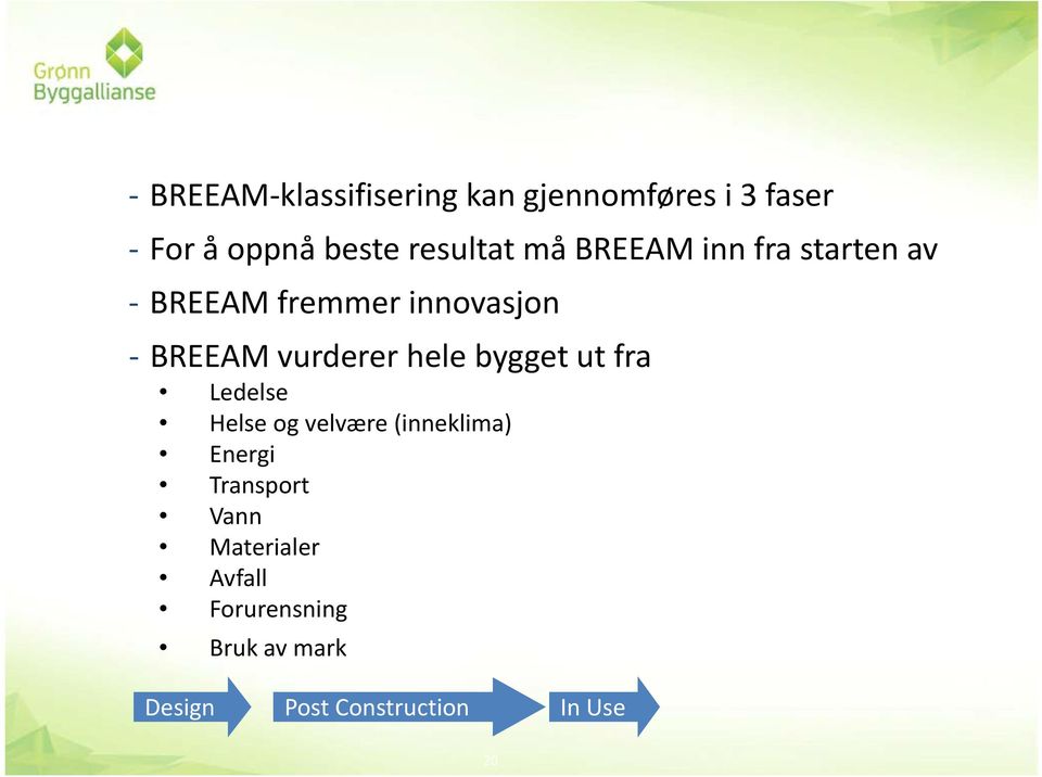 vurderer hele bygget ut fra Ledelse Helse og velvære (inneklima) Energi