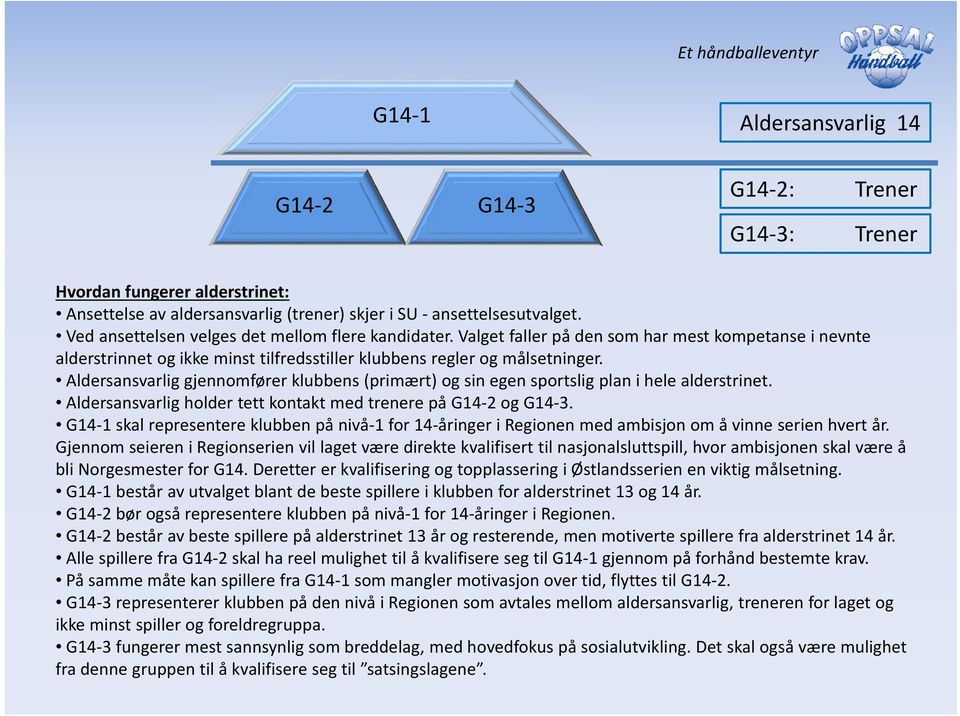 Aldersansvarlig gjennomfører klubbens (primært) og sin egen sportslig plan i hele alderstrinet. Aldersansvarlig holder tett kontakt med trenere på G14 2 og G14 3.