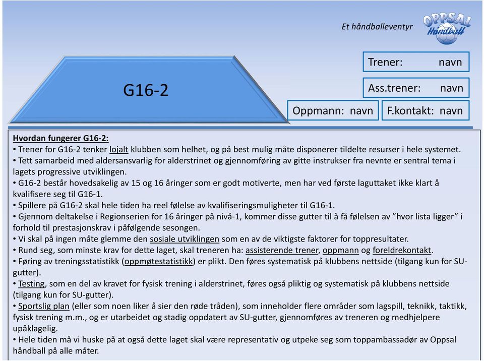 Tett samarbeid med aldersansvarlig for alderstrinet og gjennomføring av gitte instrukser fra nevnte er sentral tema i lagets progressive utviklingen.