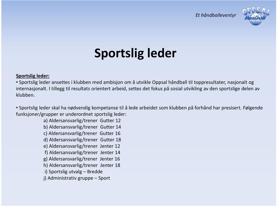 Sportslig leder skal ha nødvendig kompetanse til å lede arbeidet som klubben på forhånd har presisert.