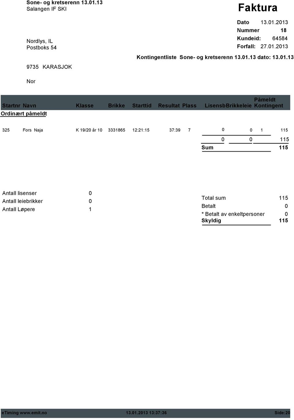 3331865 12:21:15 37:39 7 1 115 115 Sum 115 Antall lisenser Antall Løpere 1 Total sum 115 Betalt