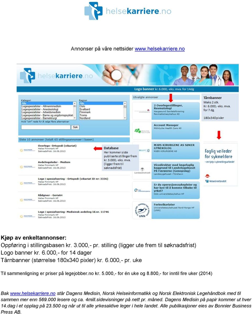 800,- for inntil fire uker (2014) Bak www.helsekarriere.no står Dagens Medisin, Norsk Helseinformatikk og Norsk Elektronisk Legehåndbok med til sammen mer enn 569.000 lesere og ca.