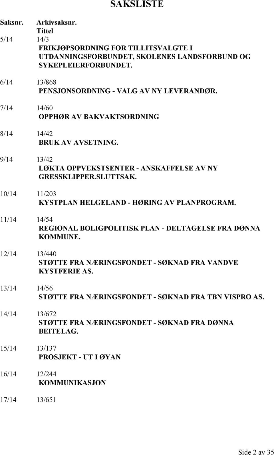 SLUTTSAK. 10/14 11/203 KYSTPLAN HELGELAND - HØRING AV PLANPROGRAM. 11/14 14/54 REGIONAL BOLIGPOLITISK PLAN - DELTAGELSE FRA DØNNA KOMMUNE.