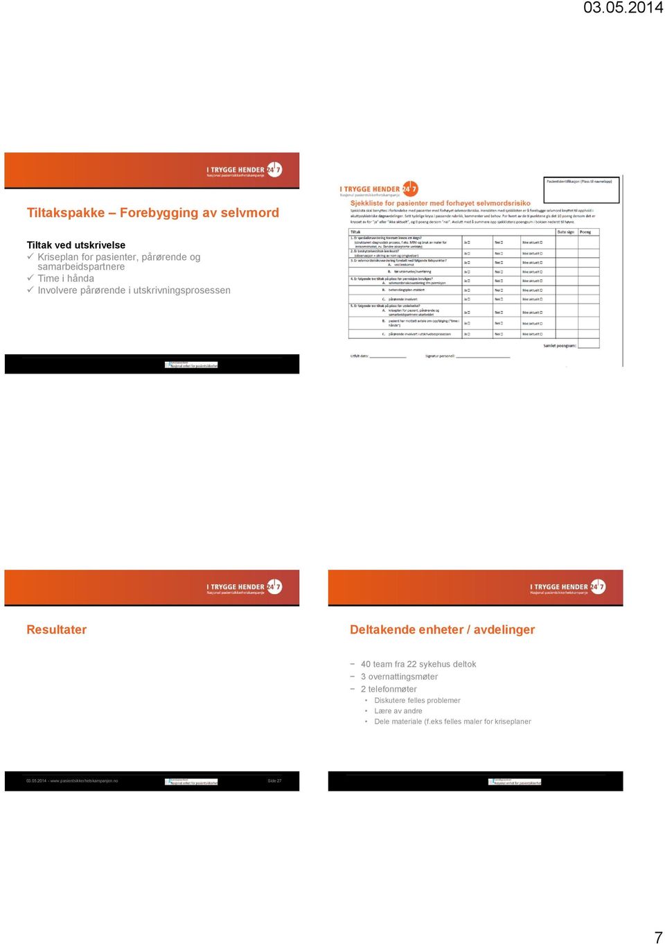 no Side 26 Resultater Deltakende enheter / avdelinger 40 team fra 22 sykehus deltok 3 overnattingsmøter 2 telefonmøter