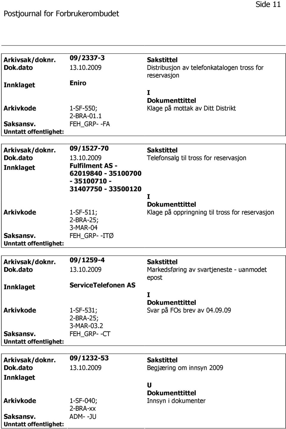 2009 Telefonsalg til tross for reservasjon nnklaget Fulfilment AS - 62019840-35100700 - 35100710-31407750 - 33500120 1-SF-511; 2-BRA-25; Klage på oppringning til tross for reservasjon FEH_GRP- -TØ