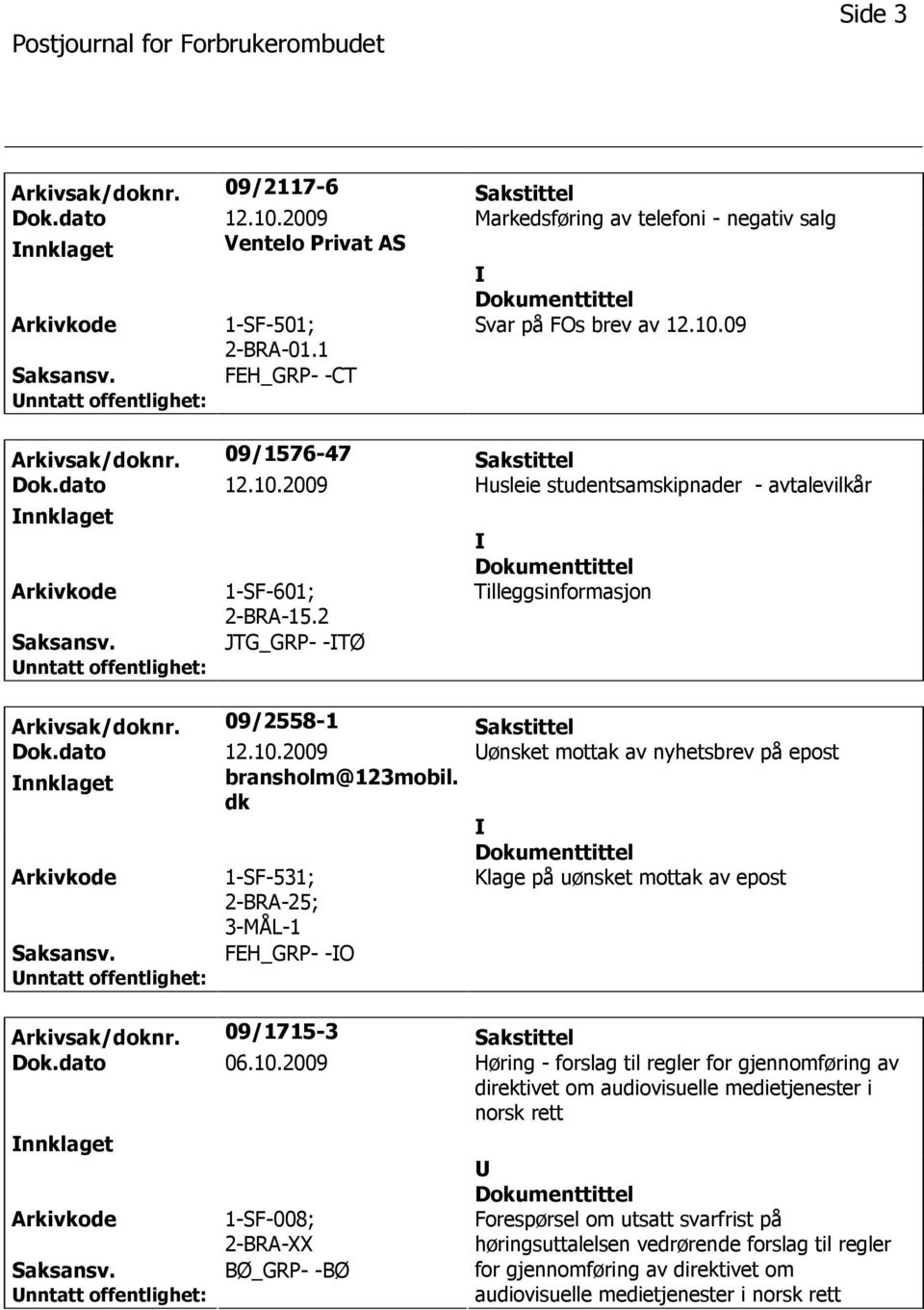 dk 1-SF-531; 2-BRA-25; 3-MÅL-1 Klage på uønsket mottak av epost FEH_GRP- -O Arkivsak/doknr. 09/1715-3 Sakstittel Dok.dato 06.10.