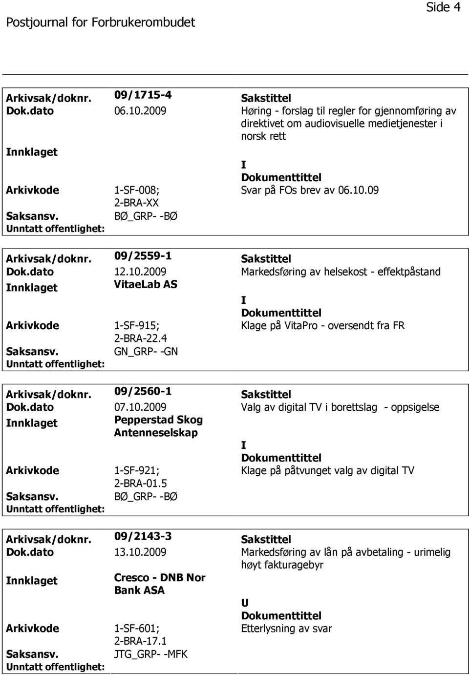 09/2559-1 Sakstittel Dok.dato 12.10.2009 Markedsføring av helsekost - effektpåstand nnklaget VitaeLab AS 1-SF-915; 2-BRA-22.4 Klage på VitaPro - oversendt fra FR GN_GRP- -GN Arkivsak/doknr.