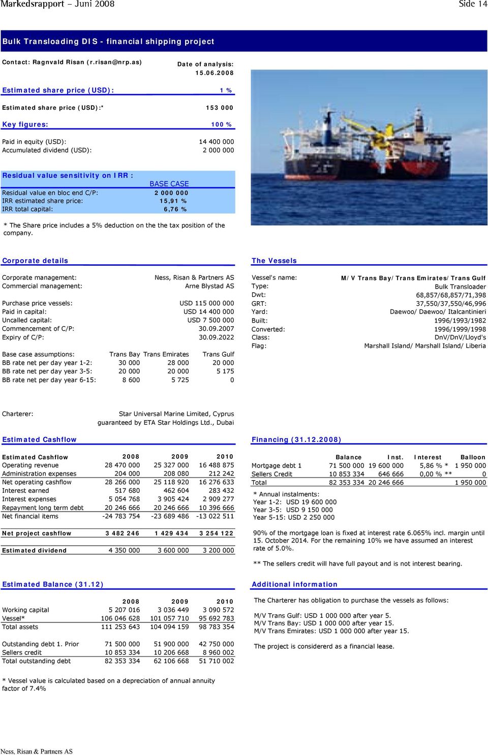 sensitivity on IRR : BASE CASE Residual value en bloc end C/P: 2 000 000 IRR estimated share price: 15,91 % IRR total capital: 6,76 % * The Share price includes a 5% deduction on the the tax position