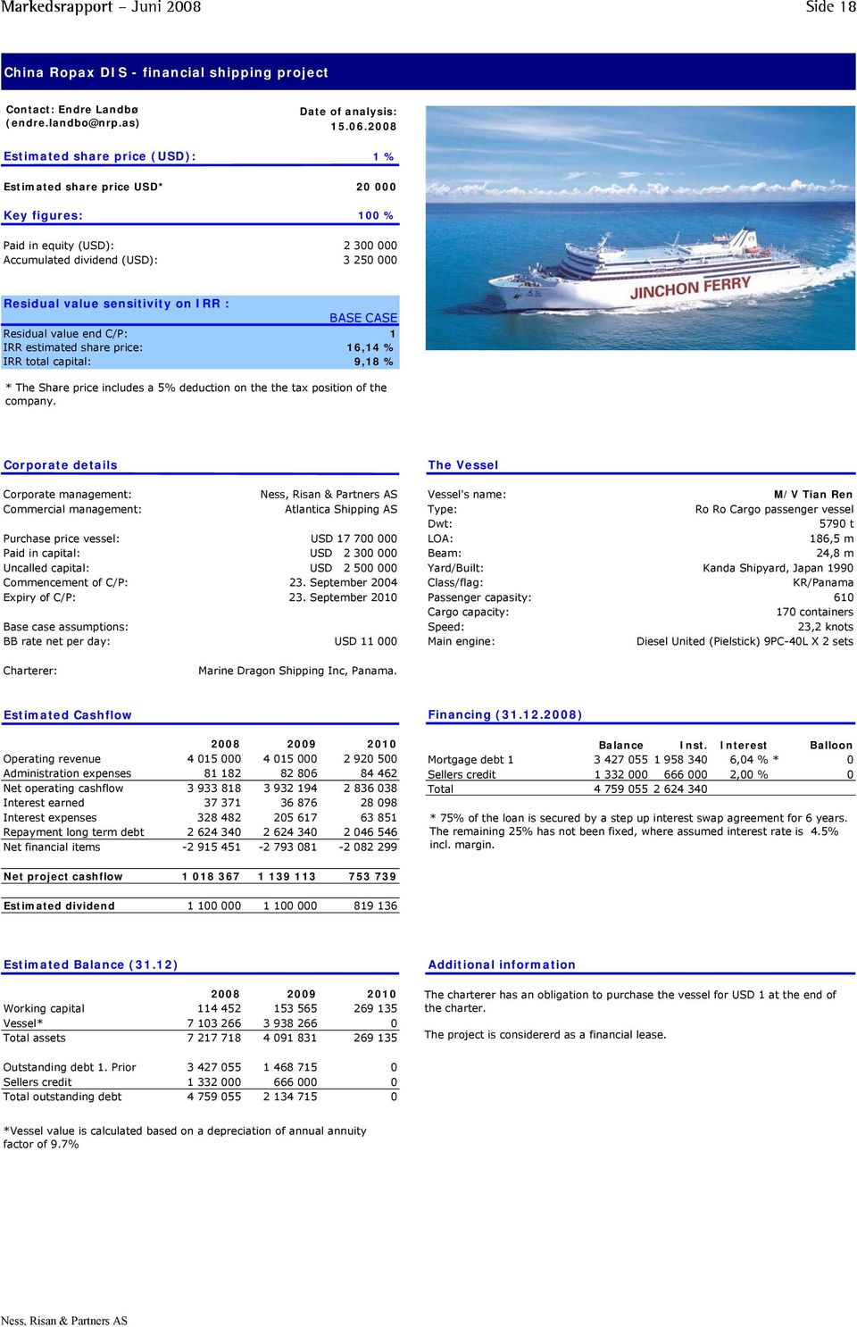 sensitivity on IRR : BASE CASE Residual value end C/P: 1 IRR estimated share price: 16,14 % IRR total capital: 9,18 % * The Share price includes a 5% deduction on the the tax position of the company.