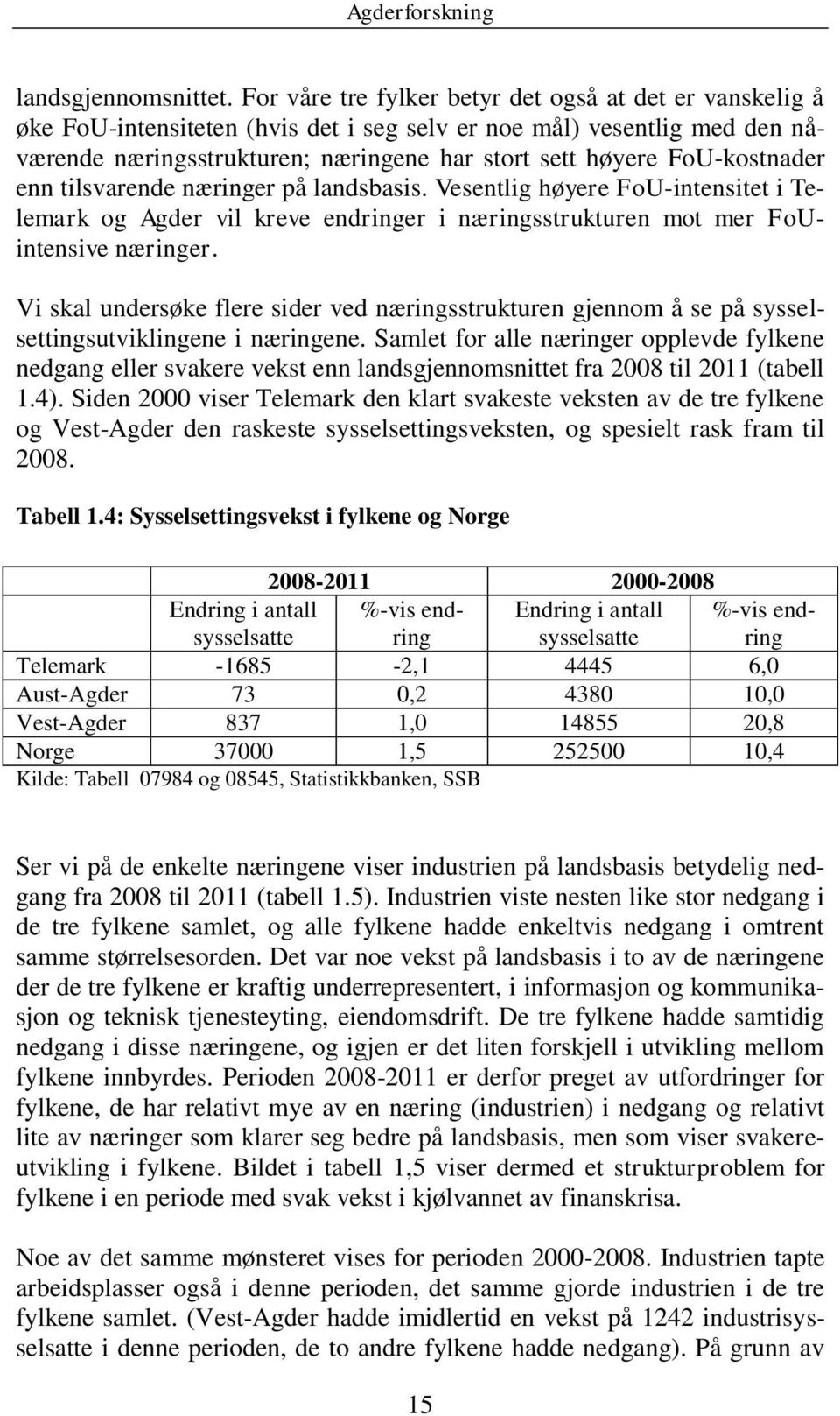 FoU-kostnader enn tilsvarende næringer på landsbasis. Vesentlig høyere FoU-intensitet i Telemark og Agder vil kreve endringer i næringsstrukturen mot mer FoUintensive næringer.