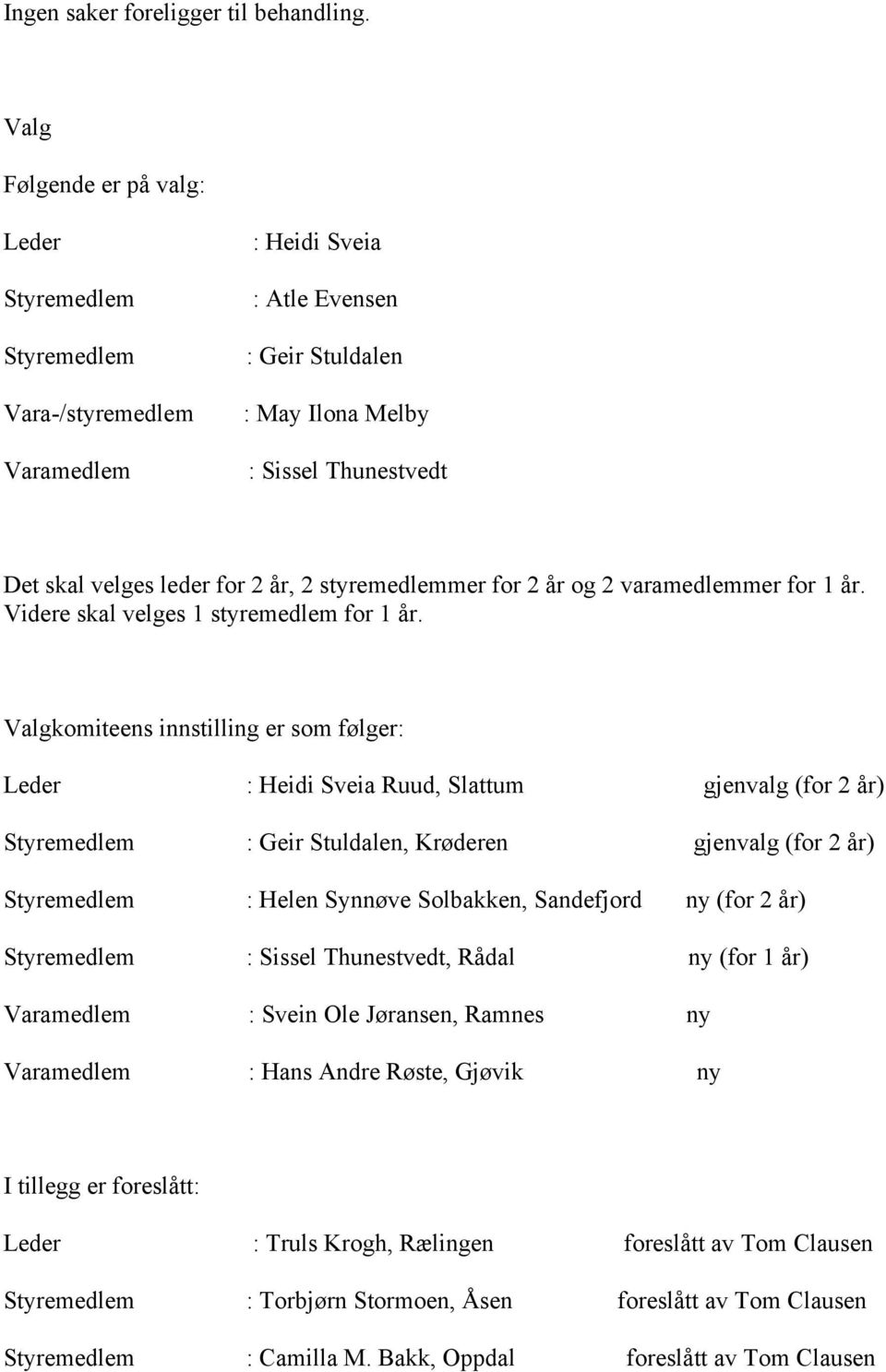 år, 2 styremedlemmer for 2 år og 2 varamedlemmer for 1 år. Videre skal velges 1 styremedlem for 1 år.