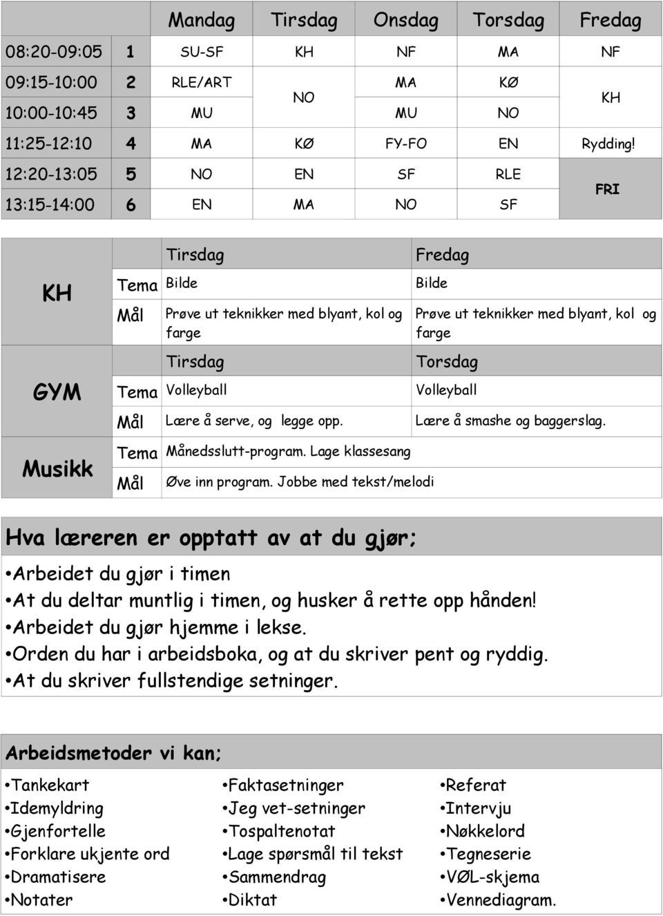 farge Torsdag Volleyball Lære å serve, og legge opp. Lære å smashe og baggerslag. Månedsslutt-program. Lage klassesang Øve inn program.