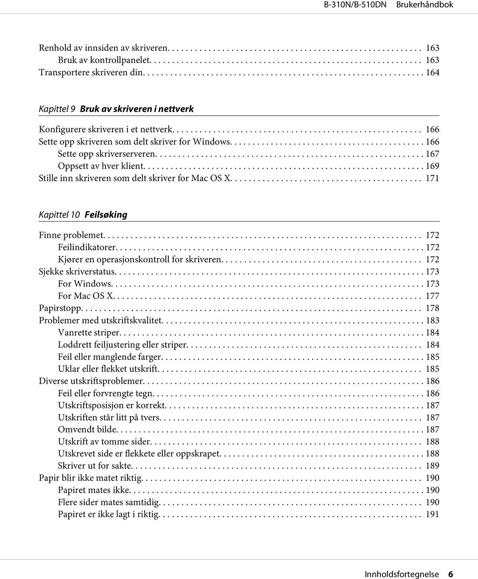 .. 171 Kapittel 10 Feilsøking Finne problemet... 172 Feilindikatorer... 172 Kjører en operasjonskontroll for skriveren... 172 Sjekke skriverstatus... 173 For Windows... 173 For Mac OS X.