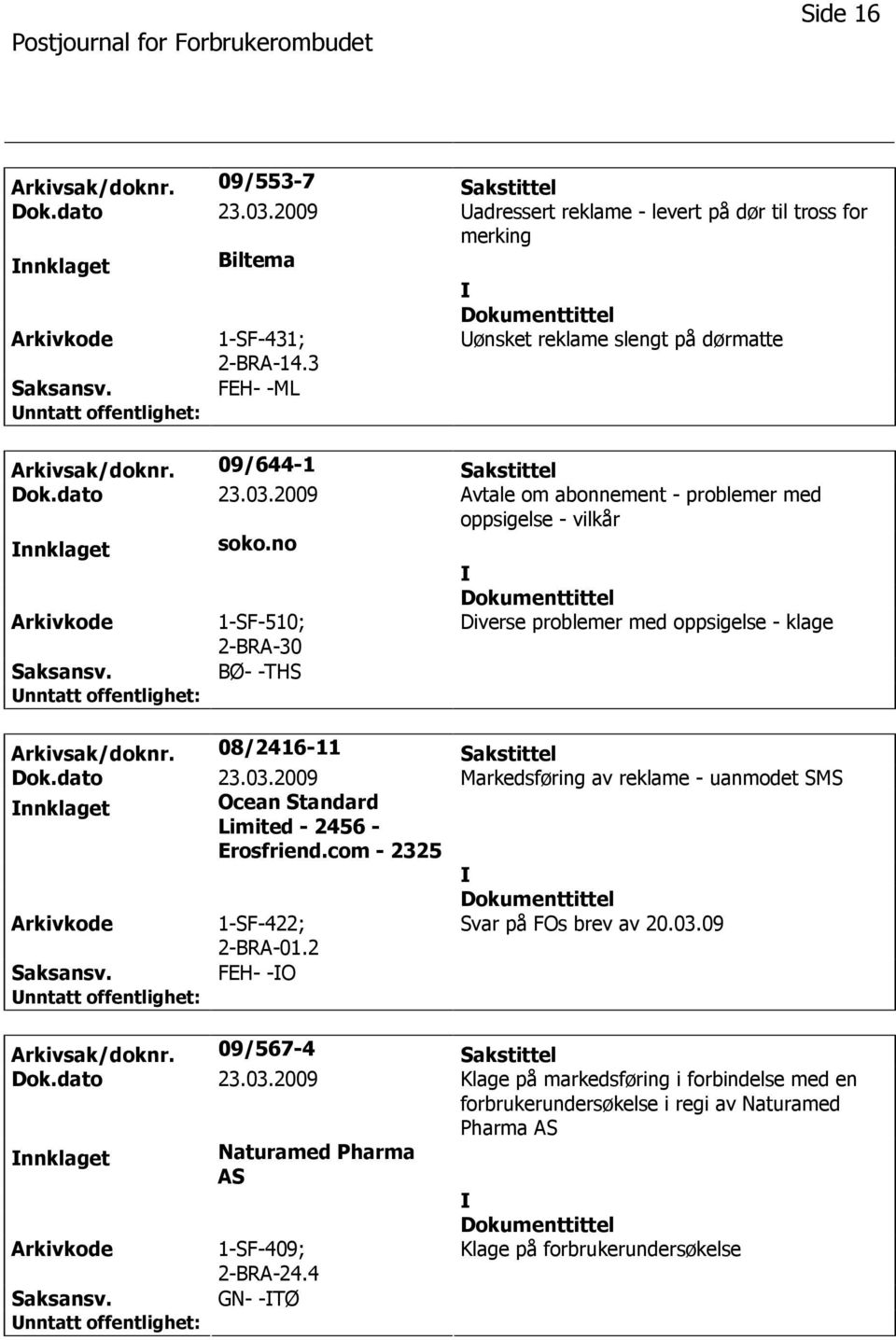 no 1-SF-510; 2-BRA-30 Diverse problemer med oppsigelse - klage BØ- -THS Arkivsak/doknr. 08/2416-11 Sakstittel Dok.dato 23.03.