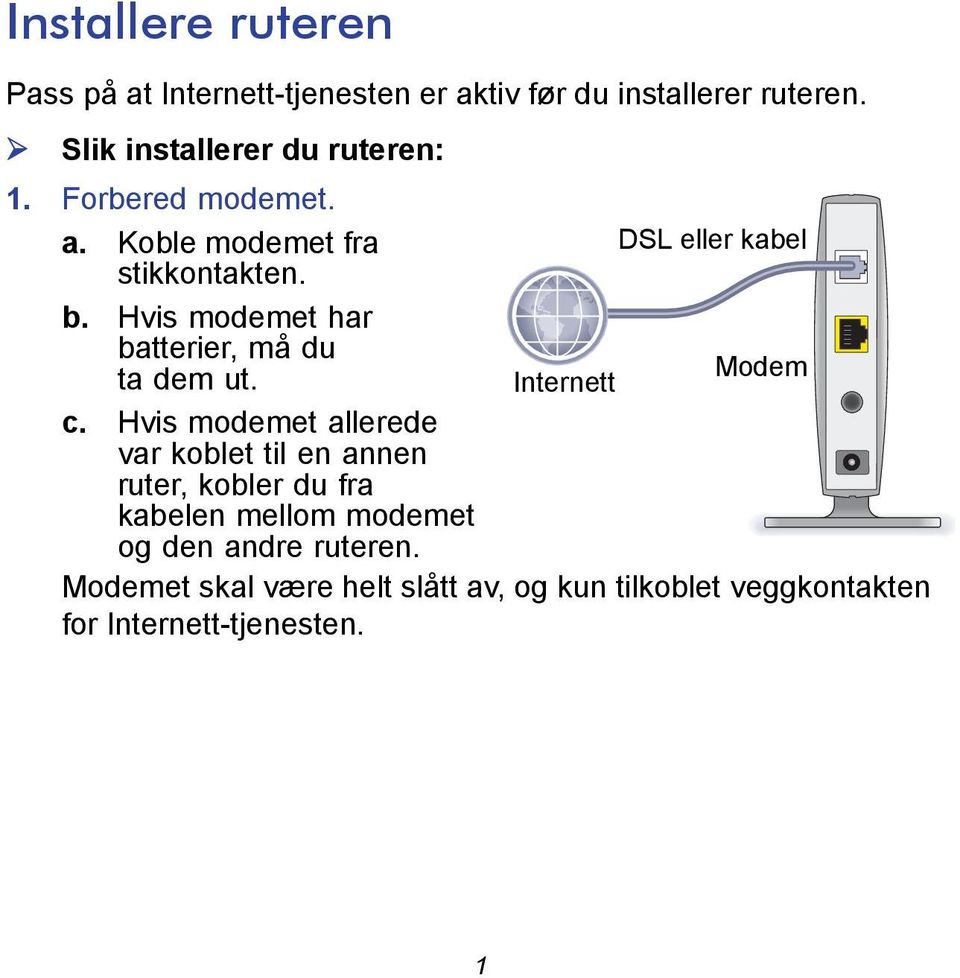 Hvis modemet har batterier, må du ta dem ut. Modem Internett c.