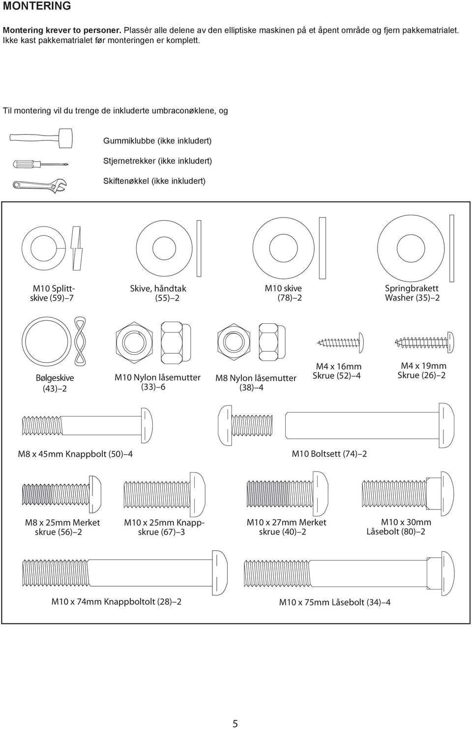 (55) 2 M10 skive (78) 2 Springbrakett Washer (35) 2 Bølgeskive (43) 2 M10 Nylon låsemutter (33) 6 M8 Nylon låsemutter (38) 4 M4 x 16mm Skrue (52) 4 M4 x 19mm Skrue (26) 2 M8 x 45mm Knappbolt