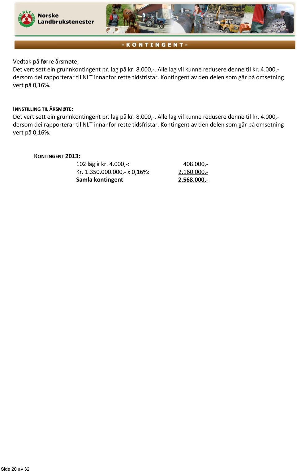 INNSTILLING TIL ÅRSMØTE: Det vert sett ein grunnkontingent pr. lag på kr. 8.000,-. Alle lag vil kunne redusere denne til kr. 4. KONTINGENT 2013: 102 lag à kr.