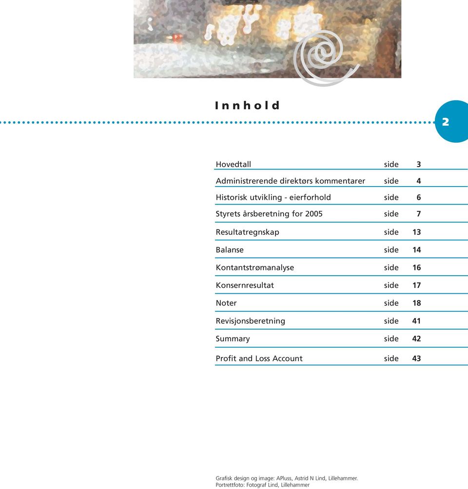 side 16 Konsernresultat side 17 Noter side 18 Revisjonsberetning side 41 Summary side 42 Profit and Loss