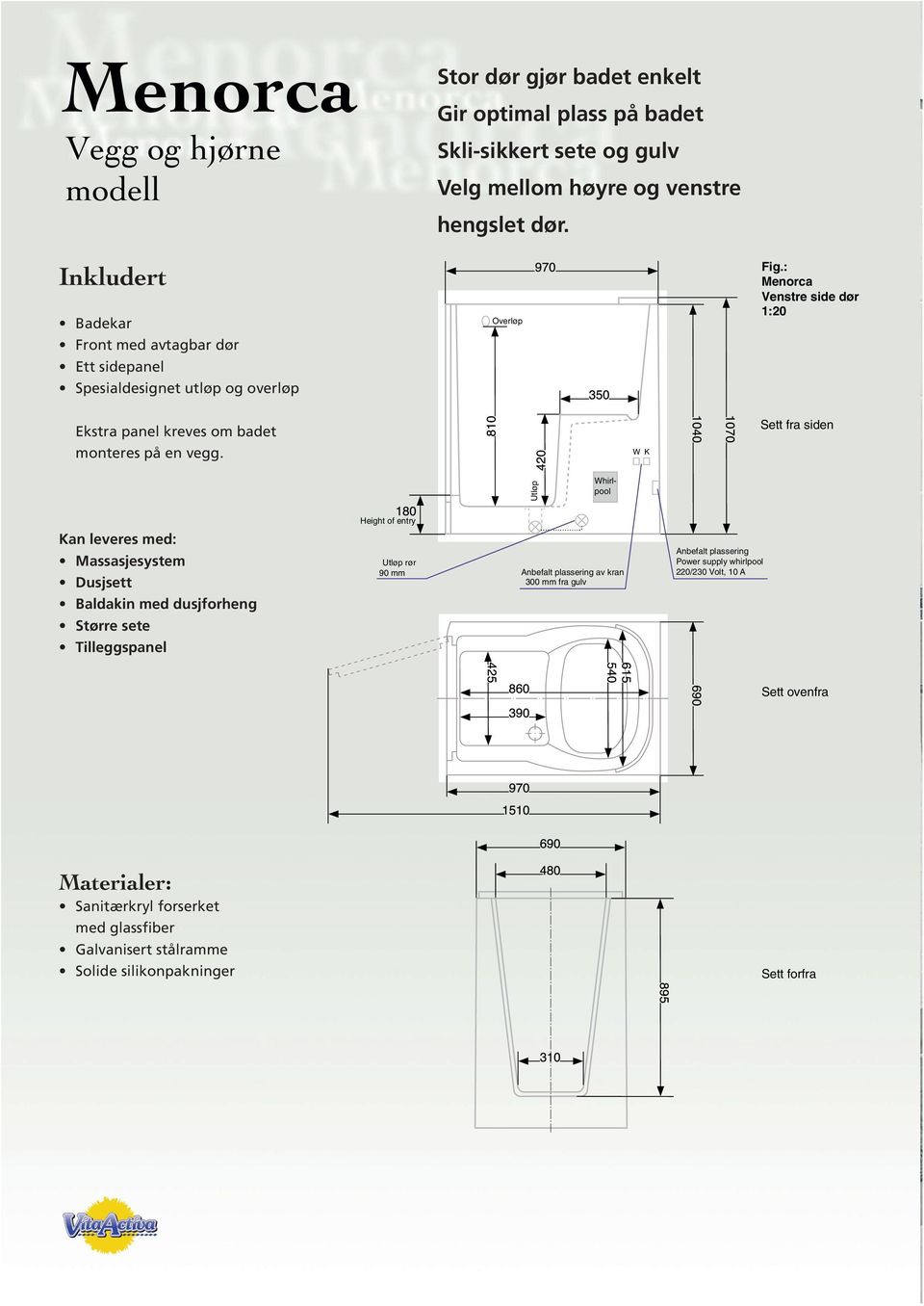 W K Sett fra siden Utløp Whirlpool Kan leveres med: Massasjesystem Dusjsett Baldakin med dusjforheng Større sete Tilleggspanel Height of entry Utløp rør 90 mm Anbefalt plassering